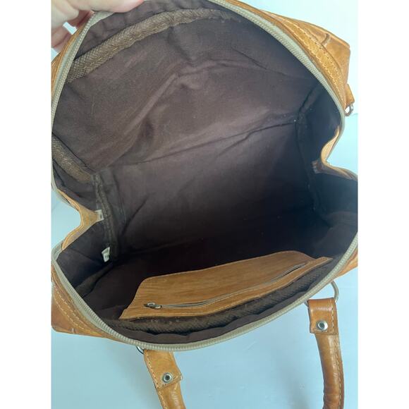 American West Hand Tooled Stained Brown Leather Floral Design Satchel Handbag - Picture 6 of 10